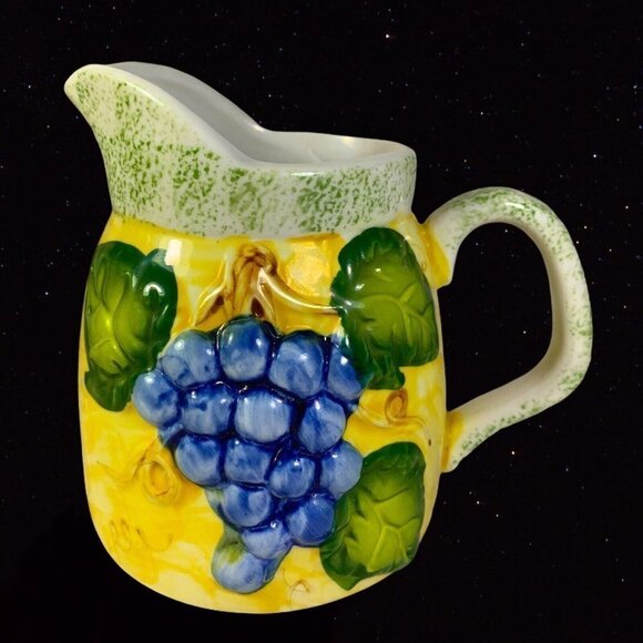 Panware Pitcher Studio Art Pottery Jug Yellow and Grapes 3.75”T 5.5”W - Picture 1 of 6